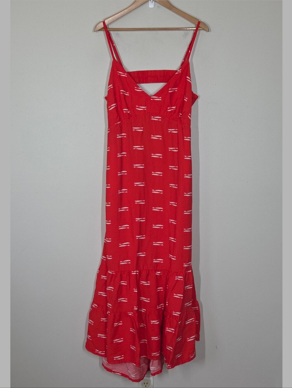A New Day Red Fish Print Maxi Dress Open Back XXL Nautical Coastal Resort Beach